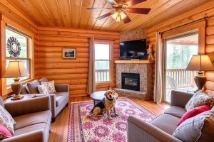 Dog sitting on rug by fireplace