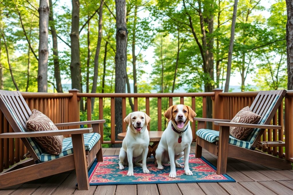 Two dogs sitting on deck in the woods