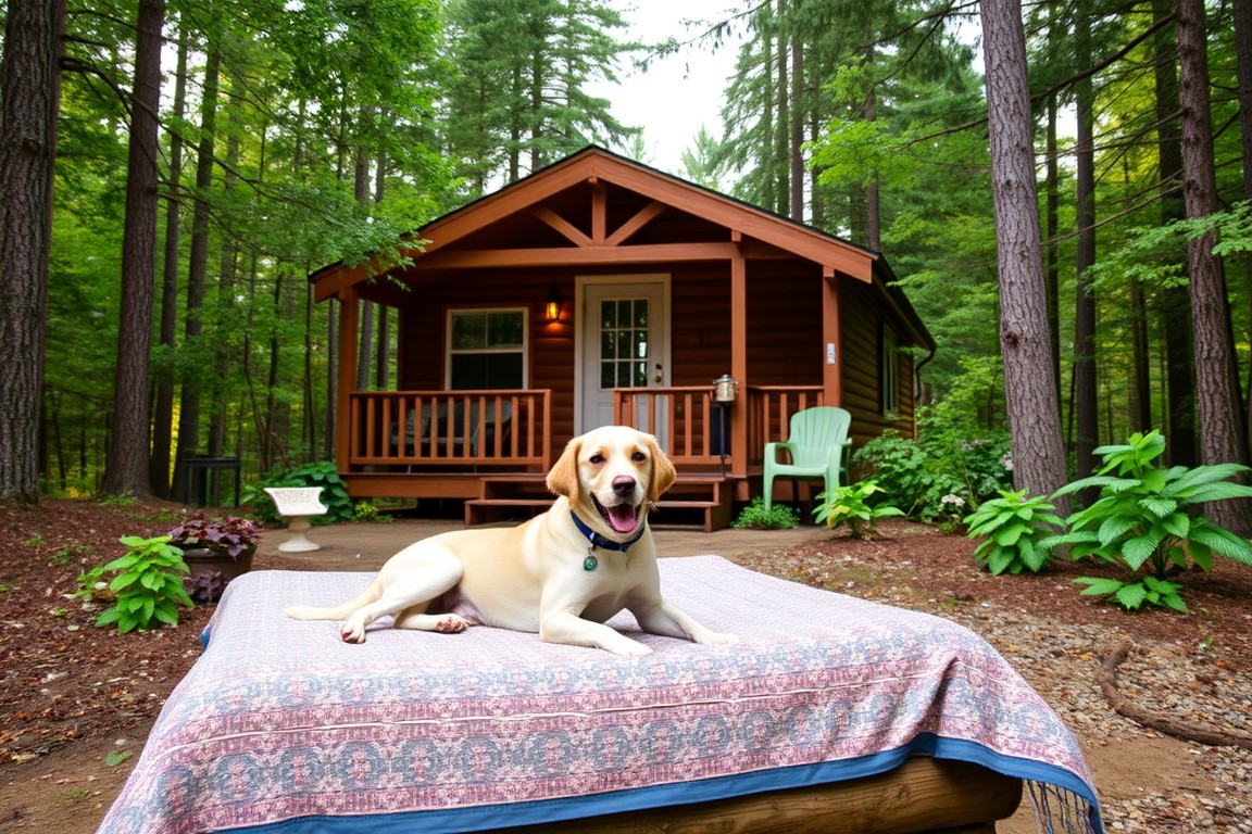 Happy dog lounging near cabin