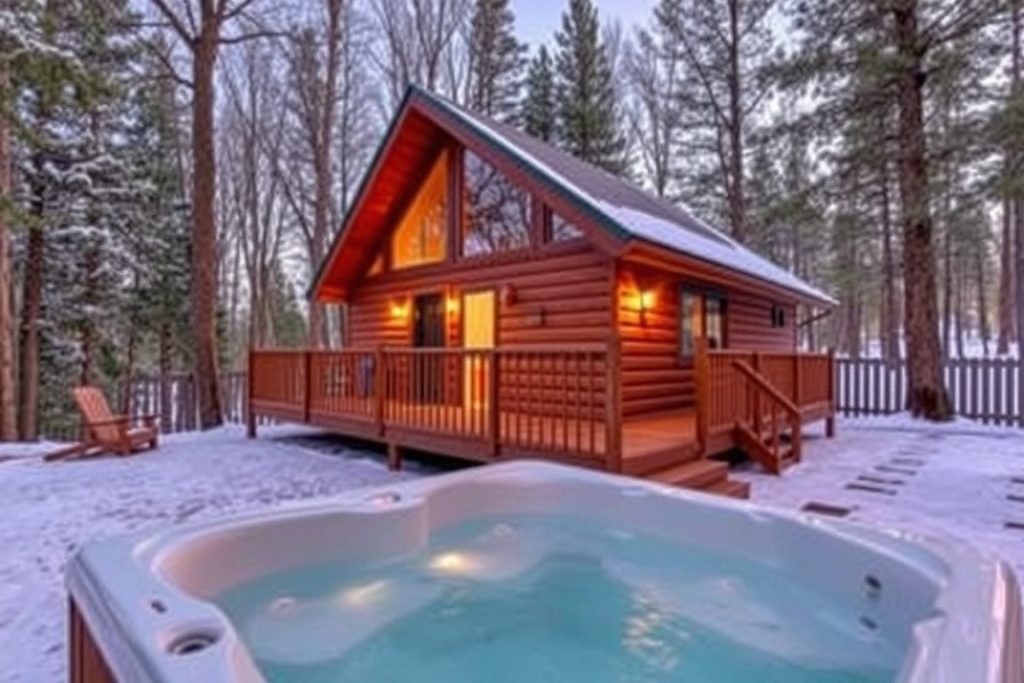 Small log cabin with hot tub in snow