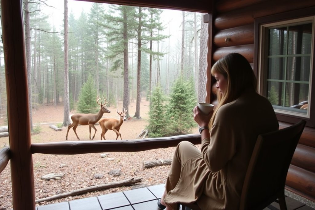 Woman sipping coffee in chair watching deer in forest at cabin